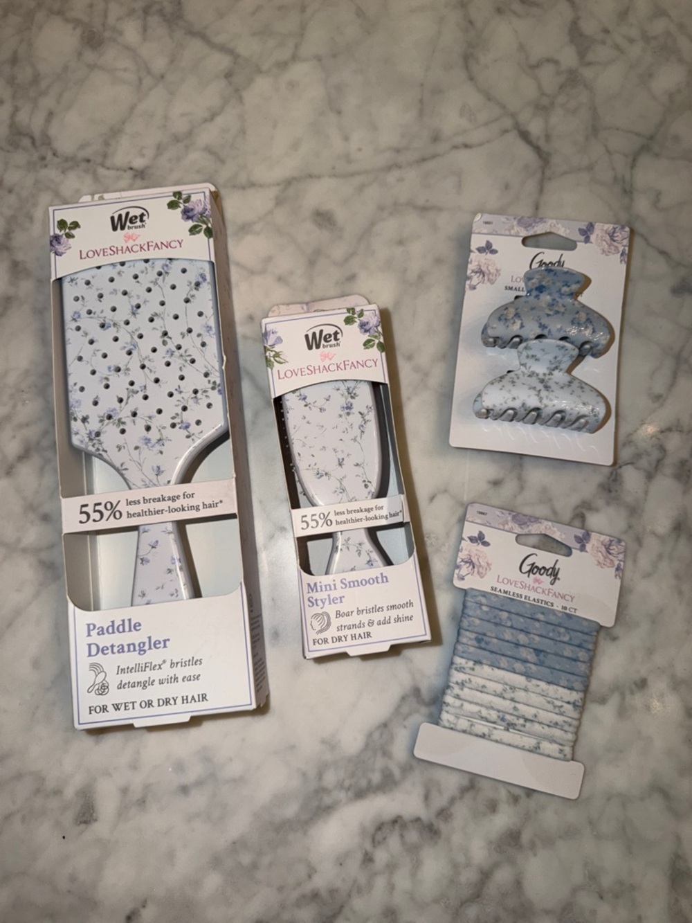 NWT LoveShackFancy x Goody Light Blue Floral Paddle Detangler & Accessory Bundle